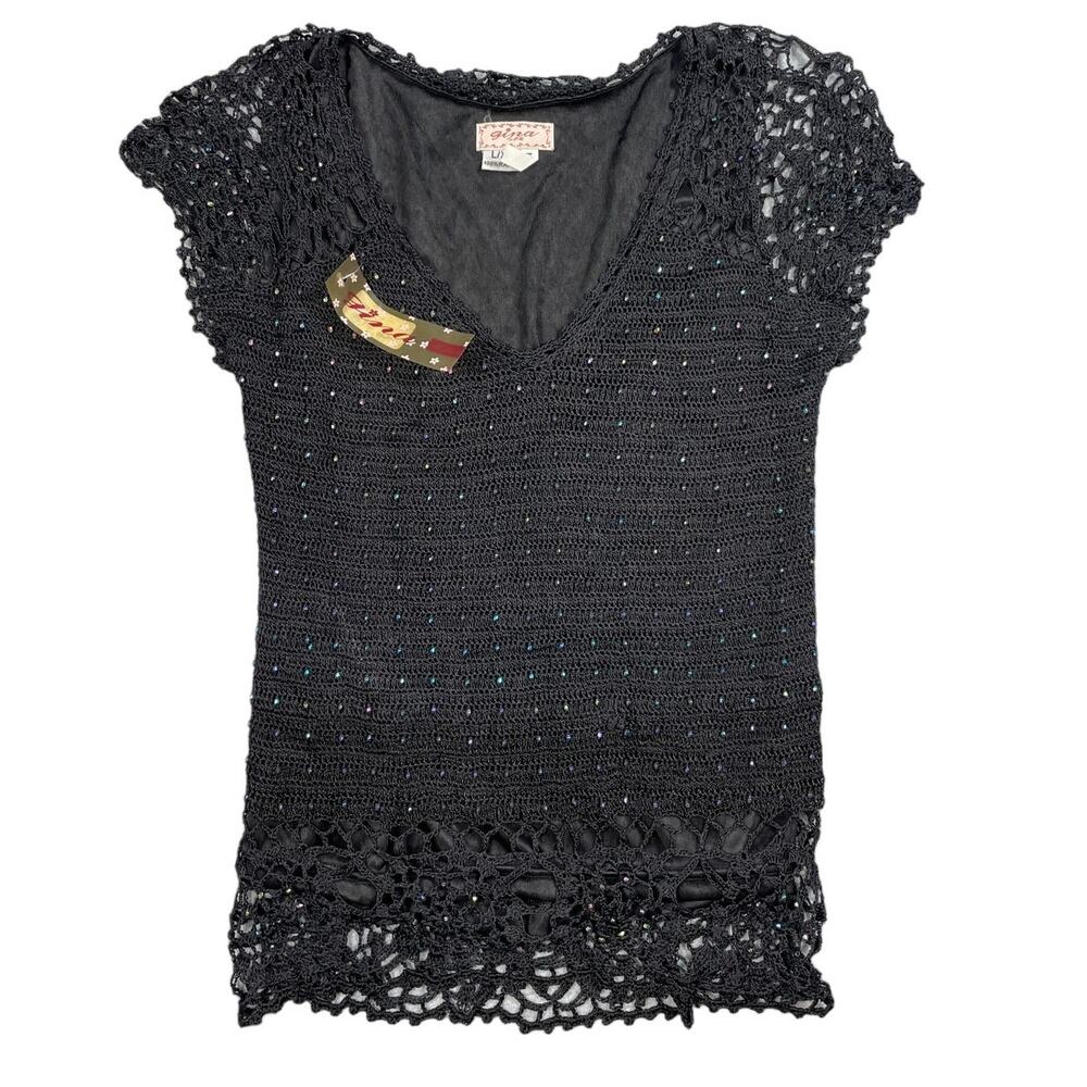 Vintage Gina Womens Size L/XL Black Crochet Bedazzled Top